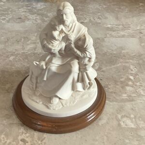 White Religious Figurine Statue on Wooden Base - Home Art